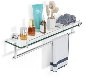 20-Inch Tempered Glass Bathroom Shelf with Towel Bar - Brushed Nickel & Stainless Steel, Wall Mount Rustproof Tower Holder with Shelves 20-Inch Tempered Glass Bathroom Shelf with Towel Bar - Brushed Nickel & Stainless Steel, Wall Mount Rustproof Tower Holder with Shelves
