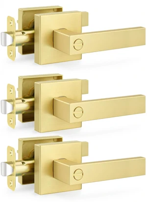 3 Pack Heavy Duty Gold Square Door Levers, Satin Brass Finish, Heavy Duty Privacy Keyless Door Handle with Lock,Solid Zinc Alloy Interior Door Knobs, Reversible Flat Levers with Square Rosette 3 Pack Heavy Duty Gold Square Door Levers, Satin Brass Finish, Heavy Duty Privacy Keyless Door Handle with Lock,Solid Zinc Alloy Interior Door Knobs, Reversible Flat Levers with Square Rosette