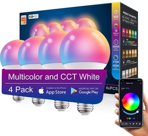 4 Pack Smart Light Bulbs,WiFi & Bluetooth LED Light Bulb That Works with Alexa & Google Home, Color Changing Light Bulb, 10W A19 E26 2.4Ghz WiFi Light Bulbs 60 watt Equivalent, 800lm Dimmable 4 Pack Smart Light Bulbs,WiFi & Bluetooth LED Light Bulb That Works with Alexa & Google Home, Color Changing Light Bulb, 10W A19 E26 2.4Ghz WiFi Light Bulbs 60 watt Equivalent, 800lm Dimmable