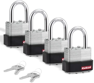 Laminated Steel Padlock with Hardened Steel Shackle, 4-Pack, Silver Four Locks Keyed Alike for Multiple Gates and Sheds; 1-9/16 in Laminated Body with 1 in Shackle, One Key Fits All Laminated Steel Padlock with Hardened Steel Shackle, 4-Pack, Silver Four Locks Keyed Alike for Multiple Gates and Sheds; 1-9/16 in Laminated Body with 1 in Shackle, One Key Fits All