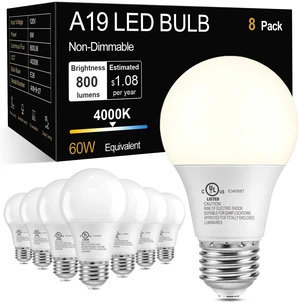 A19 LED Light Bulbs, 4000K Cool Neutral White,60W Eq,E26 Standard Base 9W Energy Saving 85% Efficient, 800LM, Medium Base Lightbulbs for Home Indoor Lamps, CRI 85+, UL, 120V, Non-Dimmable, 8 Pack A19 LED Light Bulbs, 4000K Cool Neutral White,60W Eq,E26 Standard Base 9W Energy Saving 85% Efficient, 800LM, Medium Base Lightbulbs for Home Indoor Lamps, CRI 85+, UL, 120V, Non-Dimmable, 8 Pack