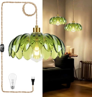 Plug in Pendant Light Hanging Lights with Plug in Cord Boho Hanging Lamp Glass Gold Mid Century Modern Vintage Dimmable Green Flower Plug in Chandelier Ceiling Fixture for Living Room,Kitchen Plug in Pendant Light Hanging Lights with Plug in Cord Boho Hanging Lamp Glass Gold Mid Century Modern Vintage Dimmable Green Flower Plug in Chandelier Ceiling Fixture for Living Room,Kitchen