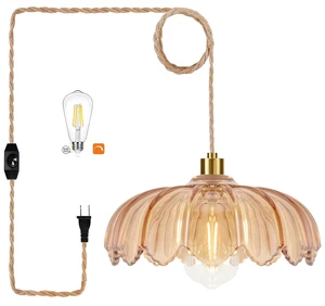 Plug in Pendant Light Hanging Lights with in Cord Mid Century Modern Gold Hanging Lamp Flower Glass Amber Vintage Dimmable Chandelier Ceiling Fixture for Living Room,Kitchen,Boho Plug in Pendant Light Hanging Lights with in Cord Mid Century Modern Gold Hanging Lamp Flower Glass Amber Vintage Dimmable Chandelier Ceiling Fixture for Living Room,Kitchen,Boho