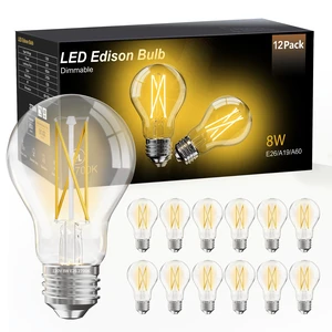 12 Pack A19 Vintage LED Edison Bulbs, Dimmable, 60W Equivalent, High Brightness 2700K Soft White, 8W E26 Standard Base, 800 Lumens, CRI80+, Clear Glass Filament Bulb for Home 12 Pack A19 Vintage LED Edison Bulbs, Dimmable, 60W Equivalent, High Brightness 2700K Soft White, 8W E26 Standard Base, 800 Lumens, CRI80+, Clear Glass Filament Bulb for Home