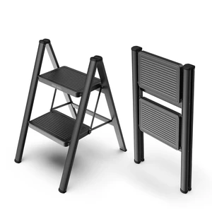 2 Step Foldable Step Stool, 330lbs Load, Black Folded 26'' H x 2'' T; Net 7.4 lbs; Anti-Slip Feet Grip Wood, Tile, Carpet; Wide Pedals; For Kitchens, Closets 2 Step Foldable Step Stool, 330lbs Load, Black Folded 26'' H x 2'' T; Net 7.4 lbs; Anti-Slip Feet Grip Wood, Tile, Carpet; Wide Pedals; For Kitchens, Closets