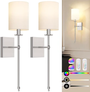 24 Inch Battery Operated Wall Sconces Set of 2 with Remote, Brushed Nickel Rechargeable Wireless Wall Lights with White Fabric Shade, Cordless Wall Lamps with Dimmable Detachable Bulbs for Bedroom 24 Inch Battery Operated Wall Sconces Set of 2 with Remote, Brushed Nickel Rechargeable Wireless Wall Lights with White Fabric Shade, Cordless Wall Lamps with Dimmable Detachable Bulbs for Bedroom