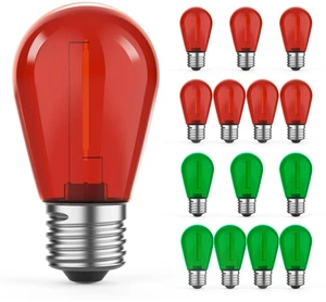 15 Pack S14 Colored LED String Light Bulbs, 1W Plastic Shatterproof Replacement Bulbs for Outdoor Patio Backyard Lights, E26 Medium Base, Dimmable, Warm White 2200K, Red/Green 15 Pack S14 Colored LED String Light Bulbs, 1W Plastic Shatterproof Replacement Bulbs for Outdoor Patio Backyard Lights, E26 Medium Base, Dimmable, Warm White 2200K, Red/Green