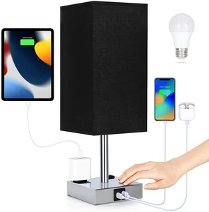 Bedside Lamp with USB Ports - Touch Control Table Lamp for Bedroom with USB C+A Charging Ports & AC Outlets, 3 Way Dimmable Nightstand Light for Living Room (Bulb Included, Black) Bedside Lamp with USB Ports - Touch Control Table Lamp for Bedroom with USB C+A Charging Ports & AC Outlets, 3 Way Dimmable Nightstand Light for Living Room (Bulb Included, Black)