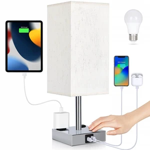 Bedside Lamp with USB Ports - Touch Control Table Lamp for Bedroom with USB C+A Charging Ports & AC Outlets, 3 Way Dimmable Nightstand Light for Living Room (LED Bulb Included, Chrome - Flaxen) Bedside Lamp with USB Ports - Touch Control Table Lamp for Bedroom with USB C+A Charging Ports & AC Outlets, 3 Way Dimmable Nightstand Light for Living Room (LED Bulb Included, Chrome - Flaxen)