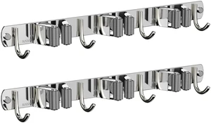 2 Pack Mop and Broom Holder Wall Mount for Kitchen Garden Garage Laundry Non-slip Broom Hanger, Stainless Steel, Heavy Duty Mop Broom Organizer, Laundry Room Organization and Storage, Silver, 3R4H 2 Pack Mop and Broom Holder Wall Mount for Kitchen Garden Garage Laundry Non-slip Broom Hanger, Stainless Steel, Heavy Duty Mop Broom Organizer, Laundry Room Organization and Storage, Silver, 3R4H