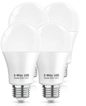3 Way LED Light Bulbs 50 100 150W Equivalent, Daylight White 5000K 3 Way Light Bulbs, A19 Three Way Light Bulb,E26 Base LED Light Bulb for Reading,Living Room-4 Pack 3 Way LED Light Bulbs 50 100 150W Equivalent, Daylight White 5000K 3 Way Light Bulbs, A19 Three Way Light Bulb,E26 Base LED Light Bulb for Reading,Living Room-4 Pack