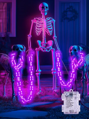 Battery Halloween Chain Lights, 10 FT 160 LED Purple Light-Up Plastic Timer 8 Modes Battery Operated with Memory for Skeleton Dog, Yard Skeleton, Haunted House and Outdoor Decor Halloween Decorations Battery Halloween Chain Lights, 10 FT 160 LED Purple Light-Up Plastic Timer 8 Modes Battery Operated with Memory for Skeleton Dog, Yard Skeleton, Haunted House and Outdoor Decor Halloween Decorations