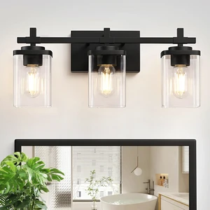 3-Lights Bathroom Vanity Light Fixtures, Modern Black Vanity Lights Over Mirror with Clear Glass Shade for Bathroom, Wall Mounted Lamp for Bedroom Hallway Living Room 3-Lights Bathroom Vanity Light Fixtures, Modern Black Vanity Lights Over Mirror with Clear Glass Shade for Bathroom, Wall Mounted Lamp for Bedroom Hallway Living Room