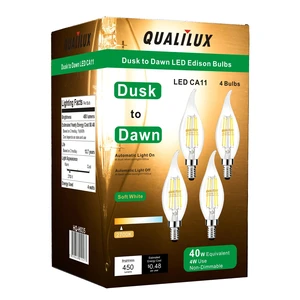 Dusk to Dawn Candelabra Bulbs Outdoor, CA11 Vintage, Candle Flame Tip Full Glass, Non-Plastic, Soft White 2700K, 4W=40W, 450LM LED Light Sensing Auto On/Off Bulb, E12 Base, 4-Pack, HQ-H035 Dusk to Dawn Candelabra Bulbs Outdoor, CA11 Vintage, Candle Flame Tip Full Glass, Non-Plastic, Soft White 2700K, 4W=40W, 450LM LED Light Sensing Auto On/Off Bulb, E12 Base, 4-Pack, HQ-H035