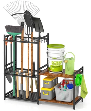 Garage Tool Organizer with 2-tier Wooden Shelves, Yard Tool Organizer for Garage with 6 Hooks, Heavy duty Steel Garden Tool Rack Holds up to 35 Long Handled Yard tools for Storage, Black Garage Tool Organizer with 2-tier Wooden Shelves, Yard Tool Organizer for Garage with 6 Hooks, Heavy duty Steel Garden Tool Rack Holds up to 35 Long Handled Yard tools for Storage, Black