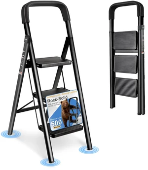 3 Step Ladder Folding Step Stool with Handrail 500LBS Capacity Sturdy Carbon Steel Frame Anti-Slip Pedal & Feet Portable for Home Kitchen Garage Bathroom (black-3step) 3 Step Ladder Folding Step Stool with Handrail 500LBS Capacity Sturdy Carbon Steel Frame Anti-Slip Pedal & Feet Portable for Home Kitchen Garage Bathroom (black-3step)