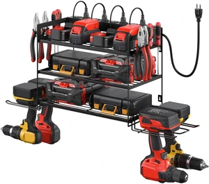 Garage Tools Storage with Charging Station. Power Tool Battery Organizer Utility Shelf with Power Strip. 4 Drills Holder Wall Mount Rack, Black 3 Layer Garage Tools Storage with Charging Station. Power Tool Battery Organizer Utility Shelf with Power Strip. 4 Drills Holder Wall Mount Rack, Black 3 Layer
