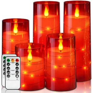Flickering Flameless Candles, Red LED Pillar Candles with Remote Candles Battery Operated with Timer and Embedded Star String Lights for Christmas, New Year & Indoor Holiday Home Decor Flickering Flameless Candles, Red LED Pillar Candles with Remote Candles Battery Operated with Timer and Embedded Star String Lights for Christmas, New Year & Indoor Holiday Home Decor