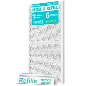 Refillable 14x25x1 Air Filter MERV 8, Reusable Frame & 6 Refills Lint, Pet Hair & Everyday Particle Control, 30-90 Day Filter for AC, HVAC & Furnace Systems, Actual Size 13.75x24.75x0.75in Refillable 14x25x1 Air Filter MERV 8, Reusable Frame & 6 Refills Lint, Pet Hair & Everyday Particle Control, 30-90 Day Filter for AC, HVAC & Furnace Systems, Actual Size 13.75x24.75x0.75in