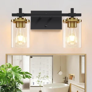 2-Lights Black and Gold Bathroom Light Over Mirror with Square Glass Shade and Metal Base, Gold Wall Vanity Lights for Bedroom, Stairs, Living Room, Hallway 2-Lights Black and Gold Bathroom Light Over Mirror with Square Glass Shade and Metal Base, Gold Wall Vanity Lights for Bedroom, Stairs, Living Room, Hallway
