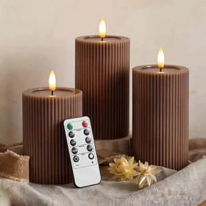 Fluted Ribbed LED Pillar Candles, Brown, with Realistic Reflective Melted-Wax Effect Flickering Flame, Remote, Dimmable, Flameless, Battery Operated, Home & Wedding Decor (Set of 3) Fluted Ribbed LED Pillar Candles, Brown, with Realistic Reflective Melted-Wax Effect Flickering Flame, Remote, Dimmable, Flameless, Battery Operated, Home & Wedding Decor (Set of 3)