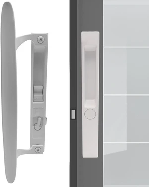 Flush Mount Non-Keyed Sliding Glass Door Handleset, 6-5/8" H.C., Fits 1" to 1-1/8" Thick Doors, Features Night Lock & Hook Latch, Non-Handed, White Diecast Flush Mount Non-Keyed Sliding Glass Door Handleset, 6-5/8" H.C., Fits 1" to 1-1/8" Thick Doors, Features Night Lock & Hook Latch, Non-Handed, White Diecast