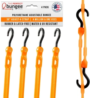 36 Adjust-A-Strap Rubber-Free Poly Bungee w Slotted Holes to Adjust Size, Stretches 2X Length, Non-Marring Nylon Hooks, UV Resistant, Heavy-Duty, All-Weather, Made in USA, Orange 36 Adjust-A-Strap Rubber-Free Poly Bungee w Slotted Holes to Adjust Size, Stretches 2X Length, Non-Marring Nylon Hooks, UV Resistant, Heavy-Duty, All-Weather, Made in USA, Orange