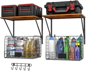 2 Pack Garage Shelves Wall Mounted with Wire Storage baskets, Heavy Duty Garage Wall Shelving with Hooks, Wooden floating shelves Tool Organizer for Home Garden Garage Organizers and Storage 2 Pack Garage Shelves Wall Mounted with Wire Storage baskets, Heavy Duty Garage Wall Shelving with Hooks, Wooden floating shelves Tool Organizer for Home Garden Garage Organizers and Storage