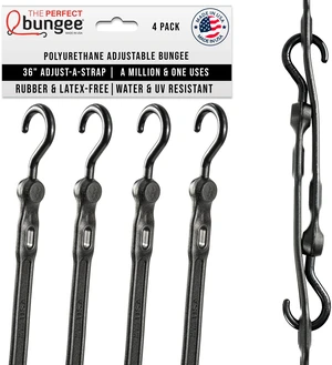 36" Adjust-A-Strap, Adjustable Heavy Duty Polyurethane Bungee Strap, Heavy Duty Nylon Hooks, Made in the USA, 4 Pack, Black 36" Adjust-A-Strap, Adjustable Heavy Duty Polyurethane Bungee Strap, Heavy Duty Nylon Hooks, Made in the USA, 4 Pack, Black