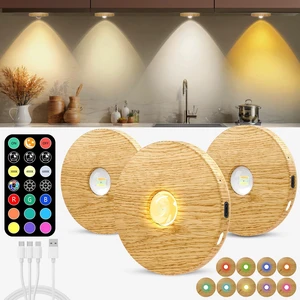 Rechargeable Puck Lights with Remote, Wood-Look Under Shelf Lights, 3 Pack 2000mAh Battery, Remote Control, 4 Color Temperatures, 9 RGB Colors, Dimmable Brightness, Timer, Magnetic Mounting Rechargeable Puck Lights with Remote, Wood-Look Under Shelf Lights, 3 Pack 2000mAh Battery, Remote Control, 4 Color Temperatures, 9 RGB Colors, Dimmable Brightness, Timer, Magnetic Mounting