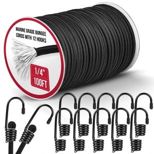 Marine Grade Heavy Duty Bungee Cord Roll with 12 Hooks - Black Elastic Shock Cord Kit for Kayak Deck, Outdoor Camping, Tarp Tie Downs, Bike Rack, DIY Assorted Bungee Ropes (1/4" x 100ft) Marine Grade Heavy Duty Bungee Cord Roll with 12 Hooks - Black Elastic Shock Cord Kit for Kayak Deck, Outdoor Camping, Tarp Tie Downs, Bike Rack, DIY Assorted Bungee Ropes (1/4" x 100ft)