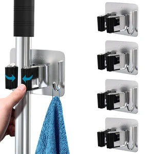 Mop Broom Holder No Drill, Mop Broom Organizer Wall Mounted Heavy Duty with Hooks Hanger, Self Adhesive Stainless Steel 4Pcs for Bathroom, Kitchen, Office (Multicolor) Mop Broom Holder No Drill, Mop Broom Organizer Wall Mounted Heavy Duty with Hooks Hanger, Self Adhesive Stainless Steel 4Pcs for Bathroom, Kitchen, Office (Multicolor)