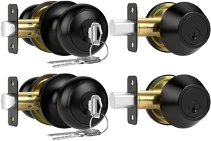 2 Pack Exterior Door Lock Set, Keyed Alike Entry Door Knob and Single Cylinder Deadbolt Lock Combo Set, Matte Black Door Knobs with Lock and Keys, Locksets for Front,Entrance,Back,Garage Door 2 Pack Exterior Door Lock Set, Keyed Alike Entry Door Knob and Single Cylinder Deadbolt Lock Combo Set, Matte Black Door Knobs with Lock and Keys, Locksets for Front,Entrance,Back,Garage Door