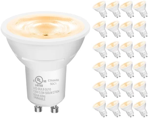 GU10 LED Light Bulbs, Dimmable GU10 Bulb Replacement for Track Lighting, 5.5w Equivalent 50W, 500 LM Warm White 2700K, MR16 LED Bulb for Kitchen, Range Hood, Living Room, 24 Pack GU10 LED Light Bulbs, Dimmable GU10 Bulb Replacement for Track Lighting, 5.5w Equivalent 50W, 500 LM Warm White 2700K, MR16 LED Bulb for Kitchen, Range Hood, Living Room, 24 Pack