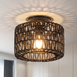 Rattan Ceiling Light, 1 Light Farmhouse Woven Flush Mount Ceiling Light, Boho Light Fixture for Bedroom Living Room Hallway Entryway, Black Finish Rattan Ceiling Light, 1 Light Farmhouse Woven Flush Mount Ceiling Light, Boho Light Fixture for Bedroom Living Room Hallway Entryway, Black Finish