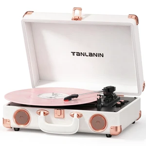 Vinyl Record Player with Speakers, Bluetooth, Tone Control, White Vintage 3-speed portable suitcase turntable with rose gold hardware for stylish bedroom decor, vinyl listening & music gifts Vinyl Record Player with Speakers, Bluetooth, Tone Control, White Vintage 3-speed portable suitcase turntable with rose gold hardware for stylish bedroom decor, vinyl listening & music gifts
