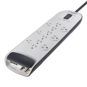 12-Outlet Surge Protector Power Strip, 3000J, 8ft Cord, Angled Plug overload protection, coax, RJ45, and telephone line protection, home office, entertainment center 12-Outlet Surge Protector Power Strip, 3000J, 8ft Cord, Angled Plug overload protection, coax, RJ45, and telephone line protection, home office, entertainment center