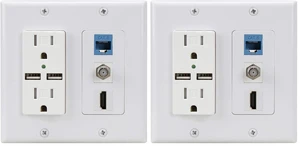 Hdmi USB Outlet Charger Wall Plate,2 Power Outlet 15A with Dual 2.1A USB Charger Port, 1 HDMI HDTV + 1 CAT6 RJ45 Ethernet + Coaxial Cable TV F Type Keystone Face Plate White (Pack of 2) Hdmi USB Outlet Charger Wall Plate,2 Power Outlet 15A with Dual 2.1A USB Charger Port, 1 HDMI HDTV + 1 CAT6 RJ45 Ethernet + Coaxial Cable TV F Type Keystone Face Plate White (Pack of 2)