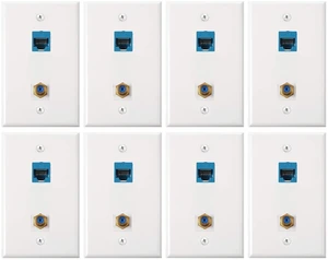 8 Pieces Cat6 Ethernet Coax Wall Plate, F-Type Port, Blue 2 Port Keystone Jack Wall Plate, with Ethernet Port and Gold-plated TV Coax 8 Pieces Cat6 Ethernet Coax Wall Plate, F-Type Port, Blue 2 Port Keystone Jack Wall Plate, with Ethernet Port and Gold-plated TV Coax