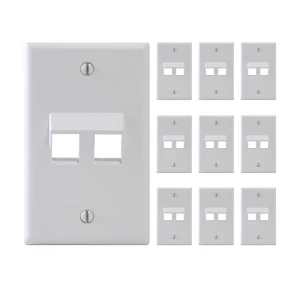 Angled 2-Port Keystone Wall Plate, RJ45 Modular Insert, White, 10-Pack UL Listed ABS plastic construction, single-gang fit, accepts compatible jacks, low-voltage outlet applications Angled 2-Port Keystone Wall Plate, RJ45 Modular Insert, White, 10-Pack UL Listed ABS plastic construction, single-gang fit, accepts compatible jacks, low-voltage outlet applications