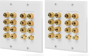 2-Gang 7.1 Surround Sound Distribution Home Theater Wall Plate, Gold Plated 7-Pair Copper Binding Posts Coupler Type for 7 Speakers, 2 RCA Jack for Subwoofer (Pack of 2) 2-Gang 7.1 Surround Sound Distribution Home Theater Wall Plate, Gold Plated 7-Pair Copper Binding Posts Coupler Type for 7 Speakers, 2 RCA Jack for Subwoofer (Pack of 2)