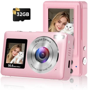 Digital Camera, 2026 Upgraded 56MP Pink Digital Camera, Dual Screens Cameras for Selfies with 16X Zoom, Compact Cameras with Smile Capture Anti Shake with 32GB SD Card for Kids Teens Adults Digital Camera, 2026 Upgraded 56MP Pink Digital Camera, Dual Screens Cameras for Selfies with 16X Zoom, Compact Cameras with Smile Capture Anti Shake with 32GB SD Card for Kids Teens Adults