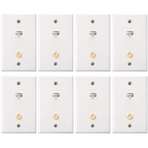 8 Pieces Cat6 Ethernet Coax Wall Plate, F-Type Port, White 2 Port Keystone Jack Wall Plate, with Ethernet Port and Gold-plated TV Coax 8 Pieces Cat6 Ethernet Coax Wall Plate, F-Type Port, White 2 Port Keystone Jack Wall Plate, with Ethernet Port and Gold-plated TV Coax