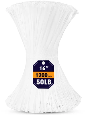 Zip Ties, 1200pcs White Cable Zip Ties 16 Inch, Heavy Duty Plastic Wire Ties with 50lb Tensile Strength, Self-Locking White Nylon Tie Wraps for Indoor and Outdoor Zip Ties, 1200pcs White Cable Zip Ties 16 Inch, Heavy Duty Plastic Wire Ties with 50lb Tensile Strength, Self-Locking White Nylon Tie Wraps for Indoor and Outdoor