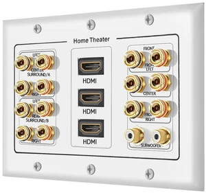 3 Gang 7.2 Surround Sound Distribution Home Theater Wall Plate Copper Banana Binding Post Coupler Type, For 7 Speakers, 2 RCA Jacks for Subwoofers, 3 HDMI Ports 3 Gang 7.2 Surround Sound Distribution Home Theater Wall Plate Copper Banana Binding Post Coupler Type, For 7 Speakers, 2 RCA Jacks for Subwoofers, 3 HDMI Ports