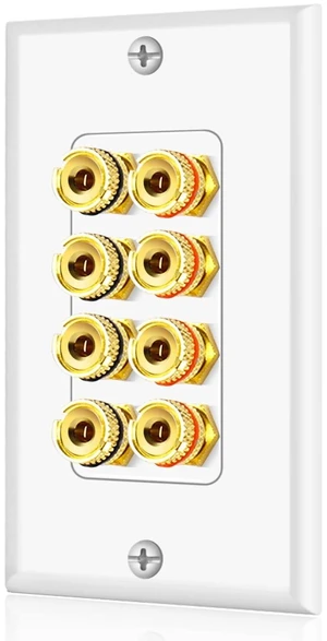 Speaker Wall Plate for 1 Speaker, Banana Plug, Single Gang, White Speaker Wire Wall Outlet with Gold-Plated Binding Posts for Spades or Bare Wire; for Home Theater and Surround Sound Setups Speaker Wall Plate for 1 Speaker, Banana Plug, Single Gang, White Speaker Wire Wall Outlet with Gold-Plated Binding Posts for Spades or Bare Wire; for Home Theater and Surround Sound Setups