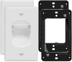 Recessed Low Voltage Cable Wall Plate for Home Theaters, Pass-Through Wall Plate with Mounting Brackets, Size 1-Gang 4.50" x 2.75", Polycarbonate Thermoplastic, TG8881B-2PCS, White, 2 pack Recessed Low Voltage Cable Wall Plate for Home Theaters, Pass-Through Wall Plate with Mounting Brackets, Size 1-Gang 4.50" x 2.75", Polycarbonate Thermoplastic, TG8881B-2PCS, White, 2 pack