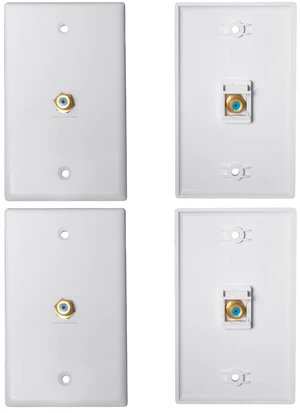 HXH 1-Port Coax Wall Plate, Gold-Plated F-Type Connector, White, 4-Pack For home theater and antenna cable runs, coaxial cable outlet cover, provides neat wall-mounted cable access, screws included HXH 1-Port Coax Wall Plate, Gold-Plated F-Type Connector, White, 4-Pack For home theater and antenna cable runs, coaxial cable outlet cover, provides neat wall-mounted cable access, screws included