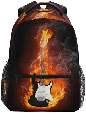 Electric Guitar In Fire Flames Print Travel Backpack for School Water Resistant Bookbag Electric Guitar In Fire Flames Print Travel Backpack for School Water Resistant Bookbag