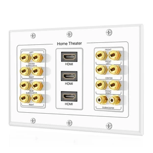7.1 Home Theater Speaker Wall Plate, HDMI, Subwoofer, 3-Gang, White White 3-Gang Variation: Speaker Outlet for 7 Speakers, 1 Rca Subwoofer and 1 Hdmi Device; Accepts Banana Plugs or Bare Wire 7.1 Home Theater Speaker Wall Plate, HDMI, Subwoofer, 3-Gang, White White 3-Gang Variation: Speaker Outlet for 7 Speakers, 1 Rca Subwoofer and 1 Hdmi Device; Accepts Banana Plugs or Bare Wire